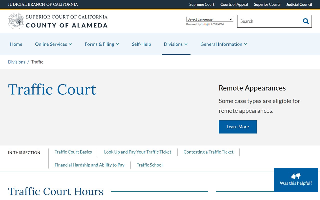 Alameda Superior Court traffic division page
