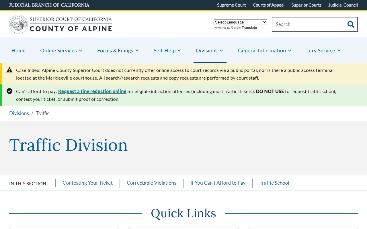 Alpine County Superior Court Traffic Division information page