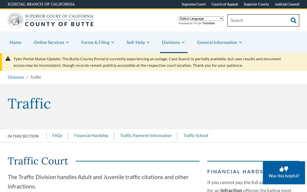 Butte County Superior Court Traffic Division main page