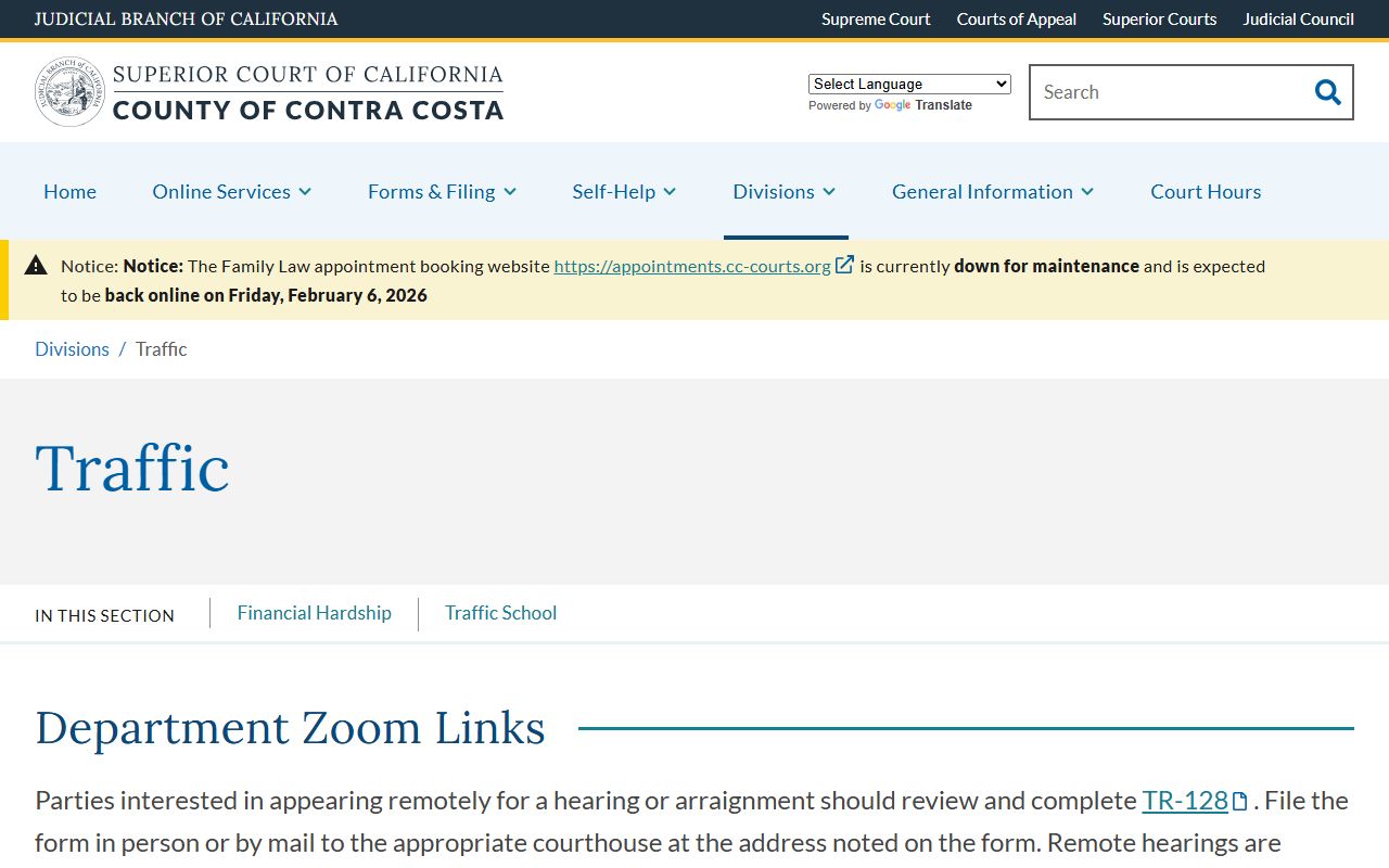 Contra Costa County Superior Court Traffic Division website