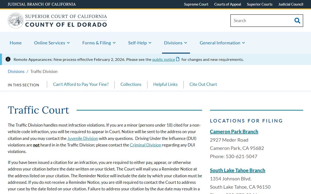 El Dorado Superior Court traffic division website with case search options