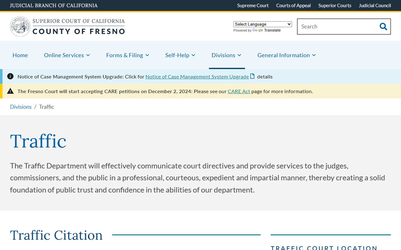 Fresno Superior Court traffic division main page