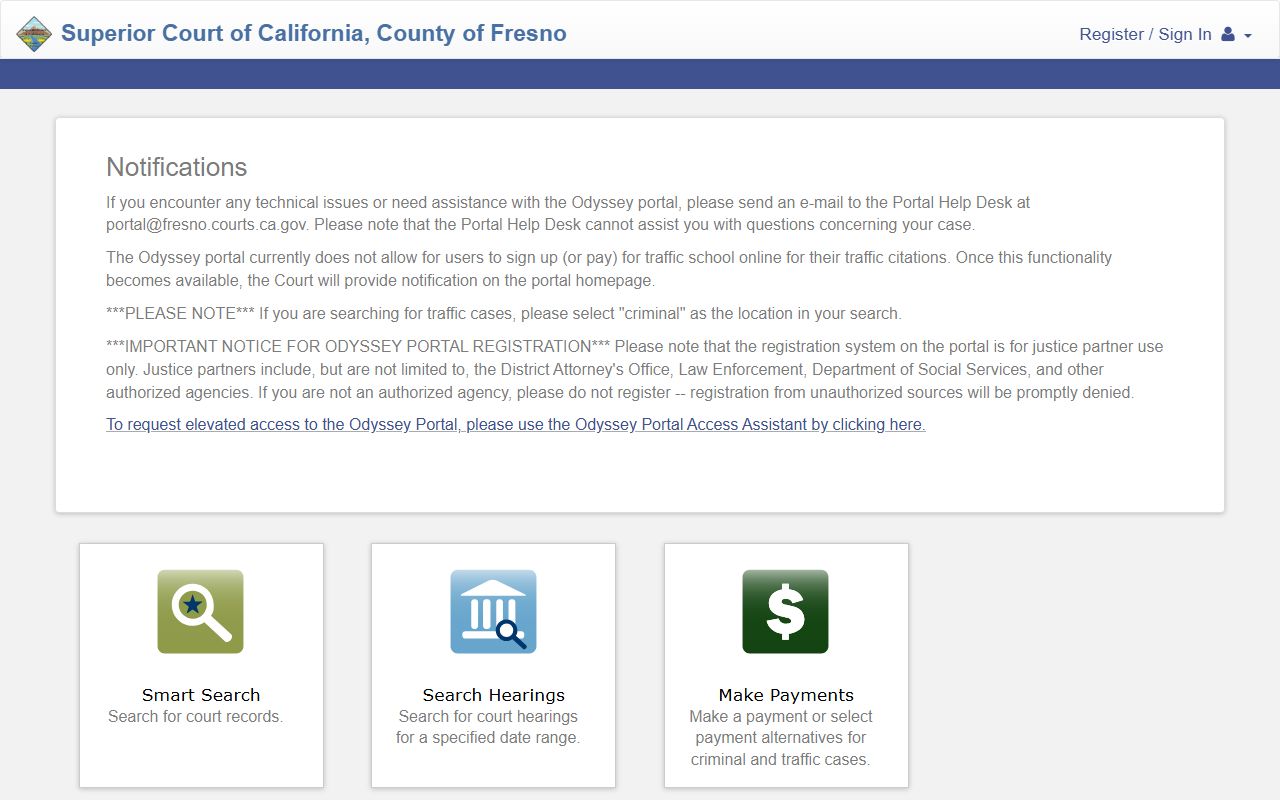 Fresno County Odyssey Portal showing online case search and payment options