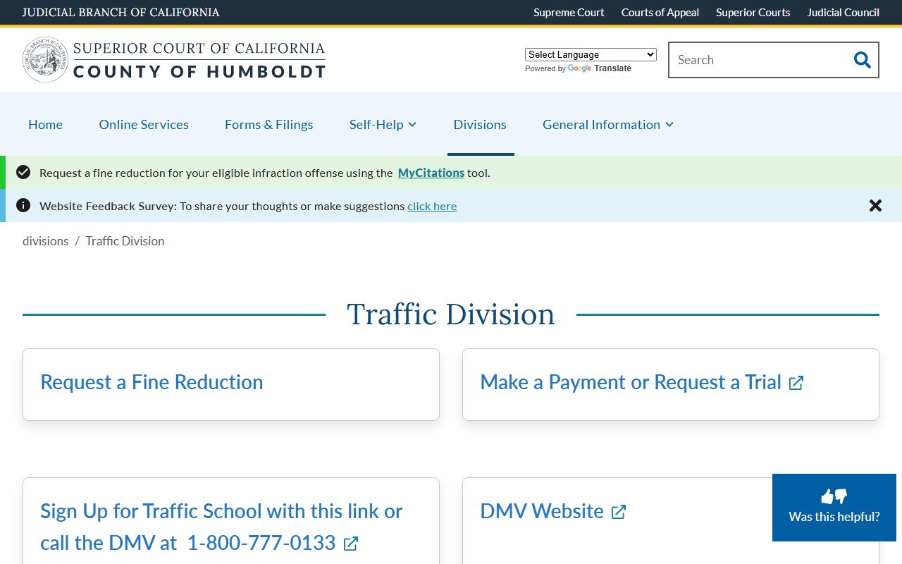 Humboldt Superior Court Traffic Division page showing case search and payment options