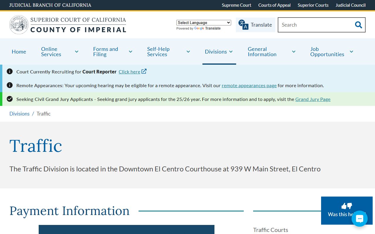 Imperial Superior Court Traffic Division page with case search and payment information