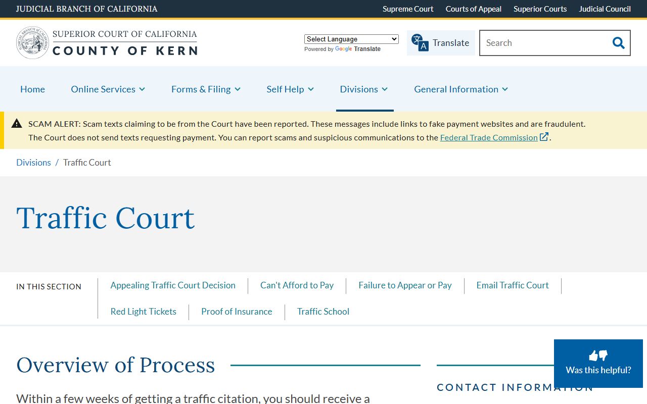 Kern Superior Court Traffic Court page showing case search and payment options