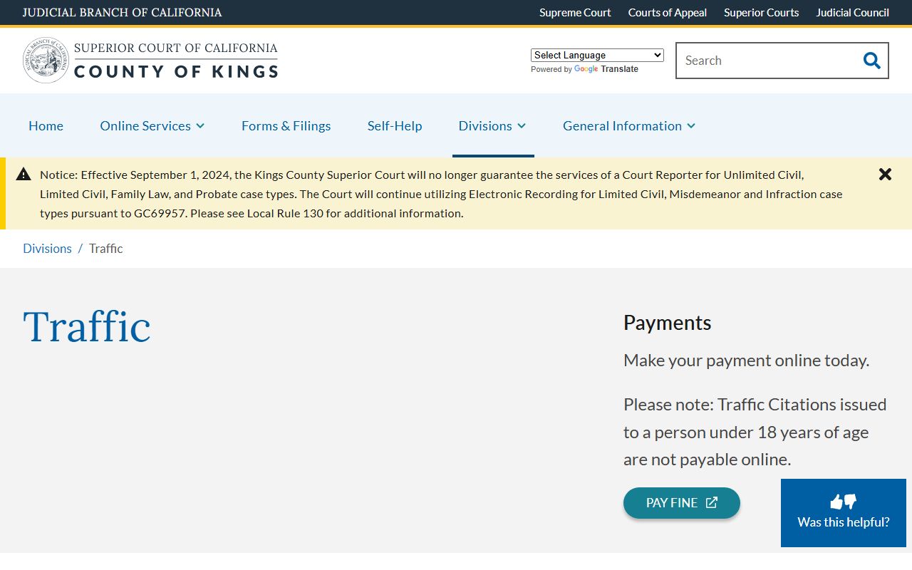 Kings Superior Court Traffic Division page showing case search and fees