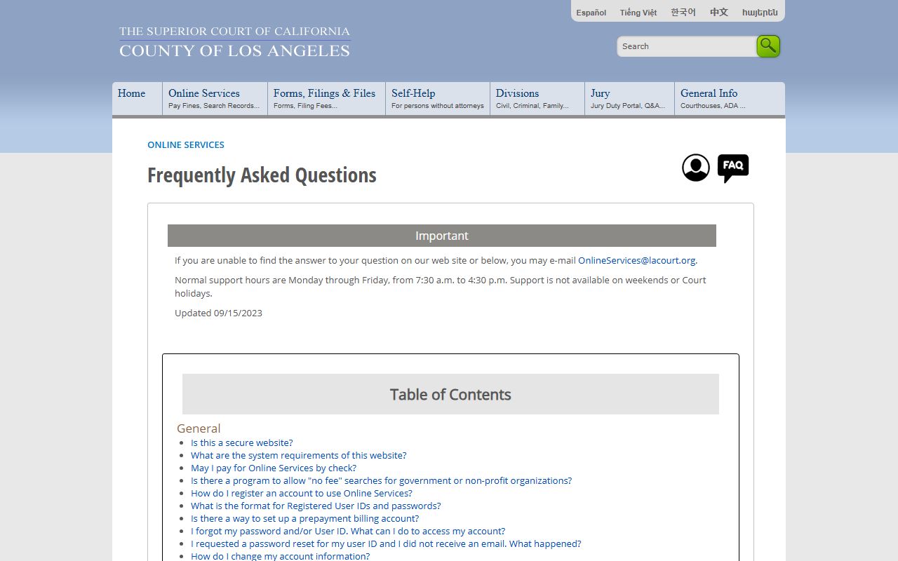 Los Angeles Superior Court online services frequently asked questions
