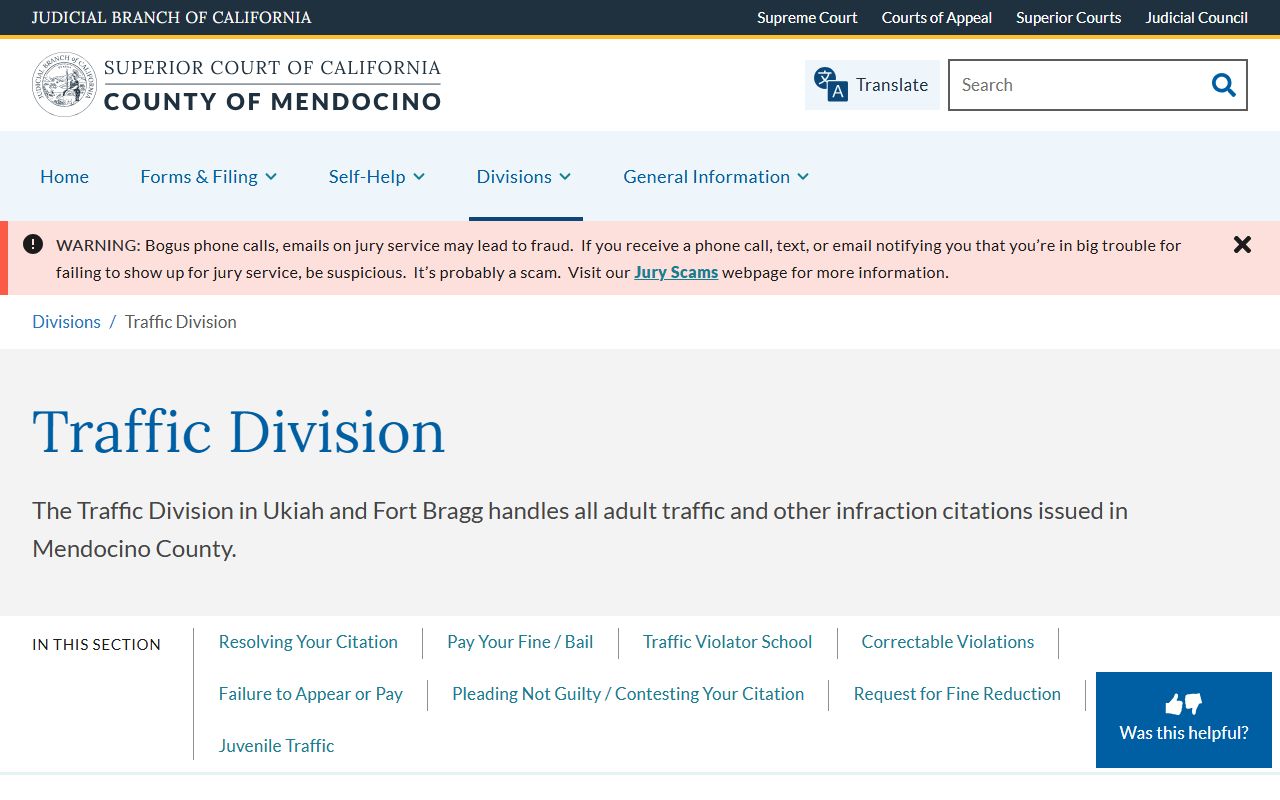 Mendocino Superior Court Traffic Division main page