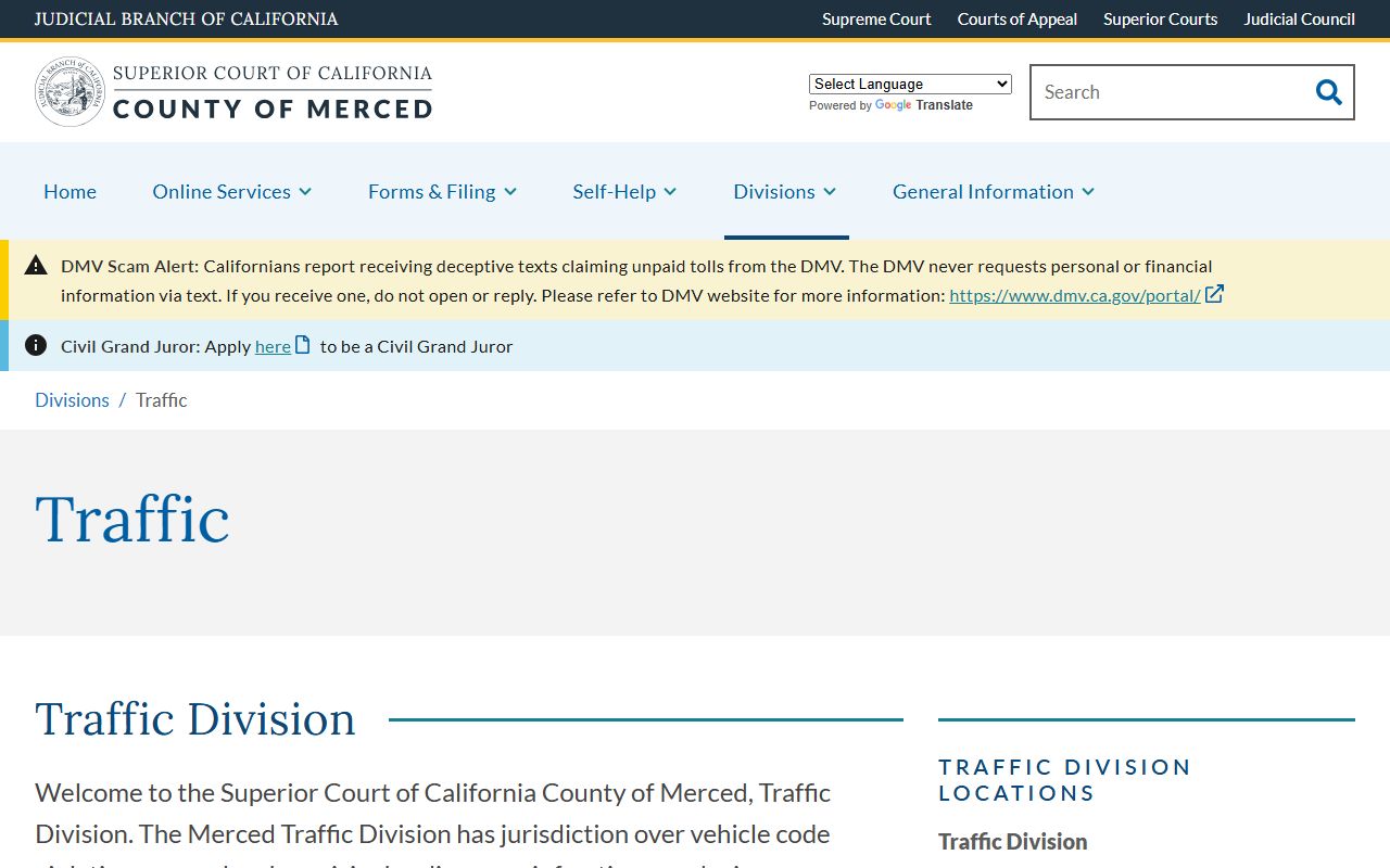 Merced Superior Court Traffic Division main page