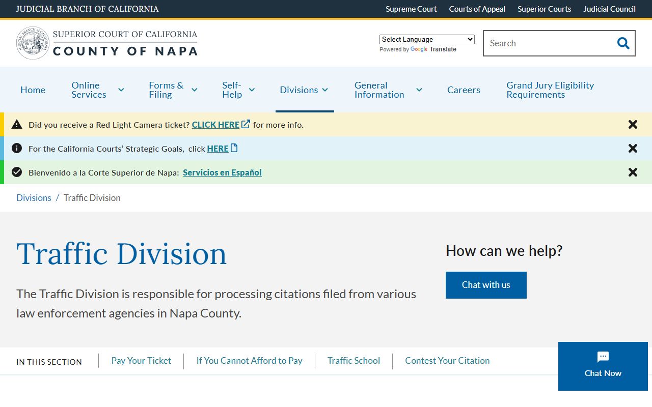Napa Superior Court Traffic Division main page