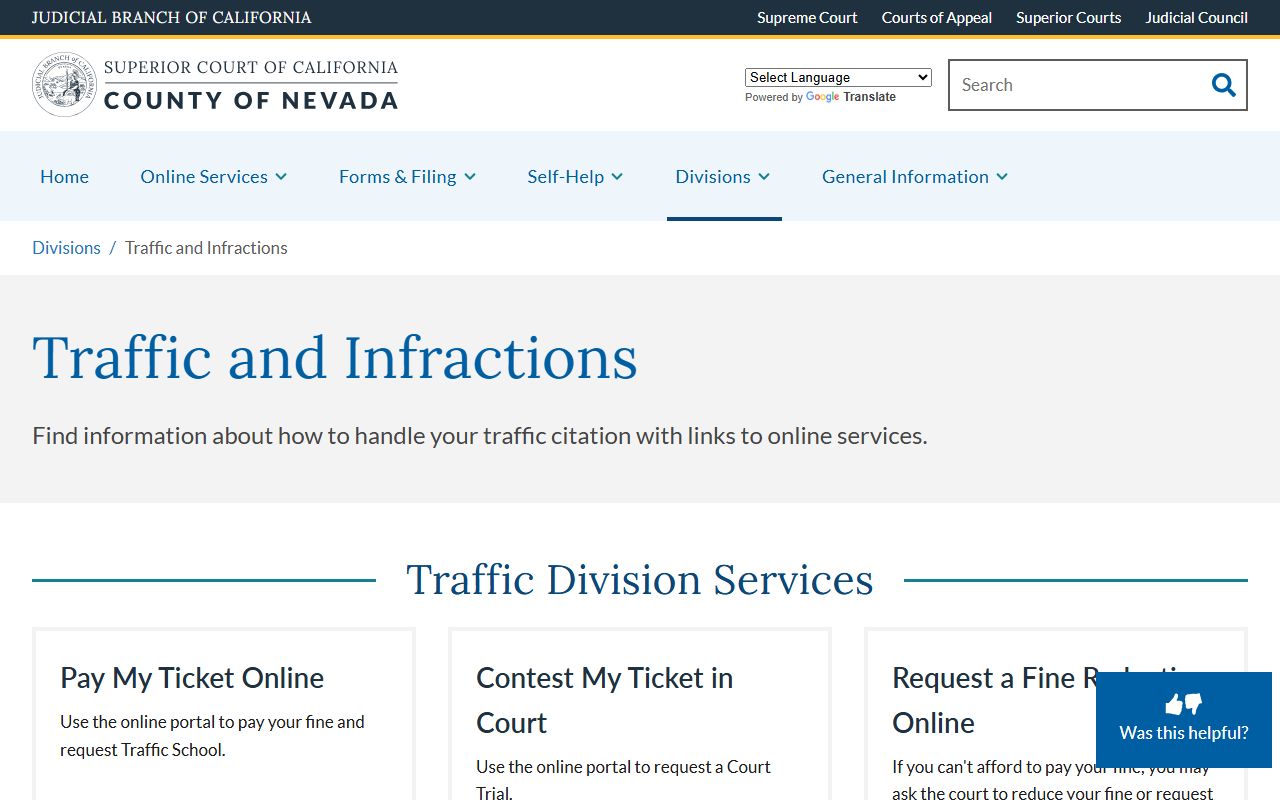 Nevada Superior Court Traffic and Infractions Division page