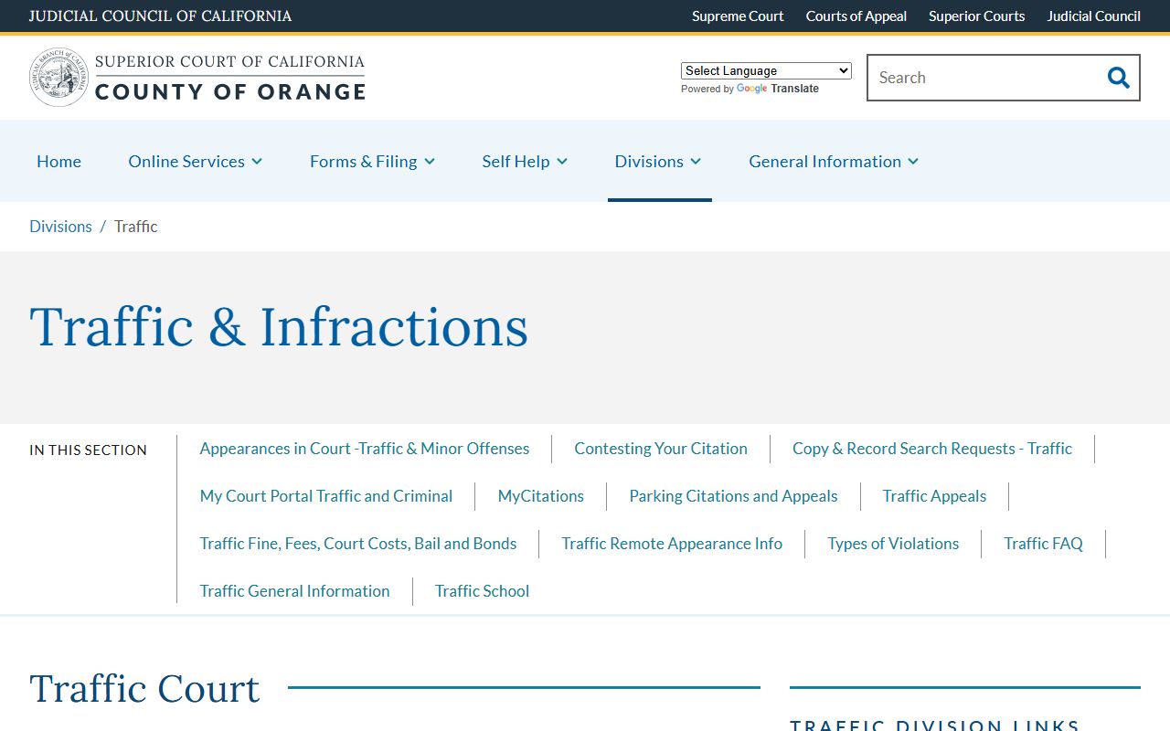 Orange Superior Court Traffic Division main page