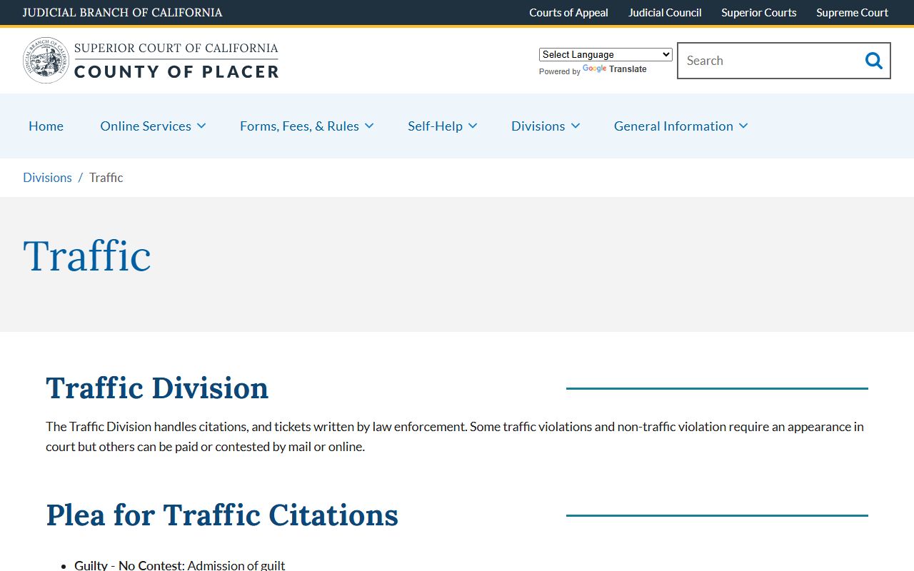 Placer Superior Court traffic division main page