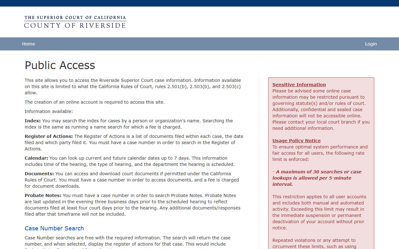 Riverside County Superior Court online portal homepage