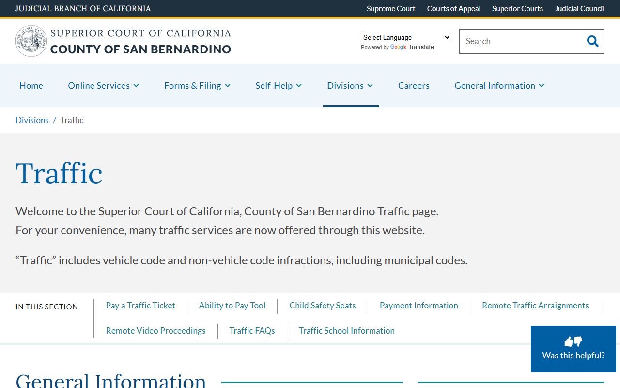 San Bernardino Superior Court traffic division main page