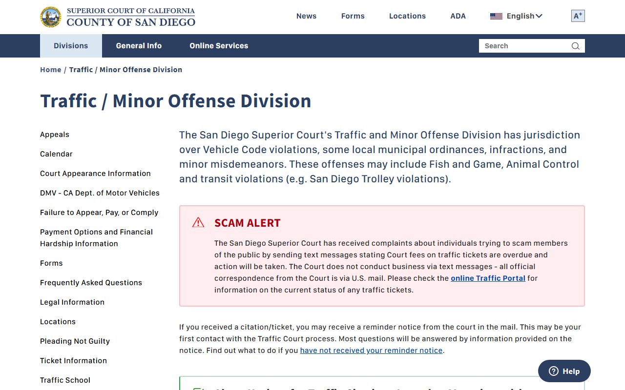 San Diego Superior Court traffic division page