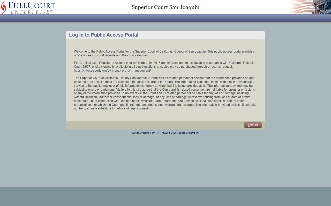 San Joaquin County FullCourt online portal homepage