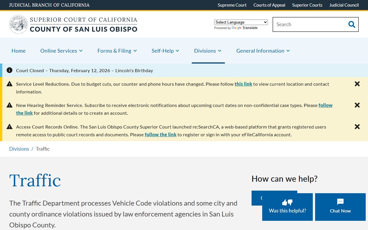 San Luis Obispo Superior Court traffic division main page