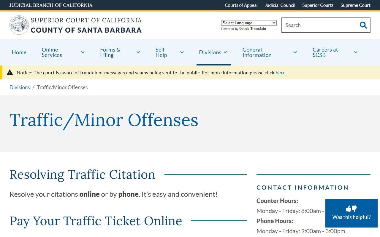 Santa Barbara Superior Court Traffic and Minor Offenses Division page