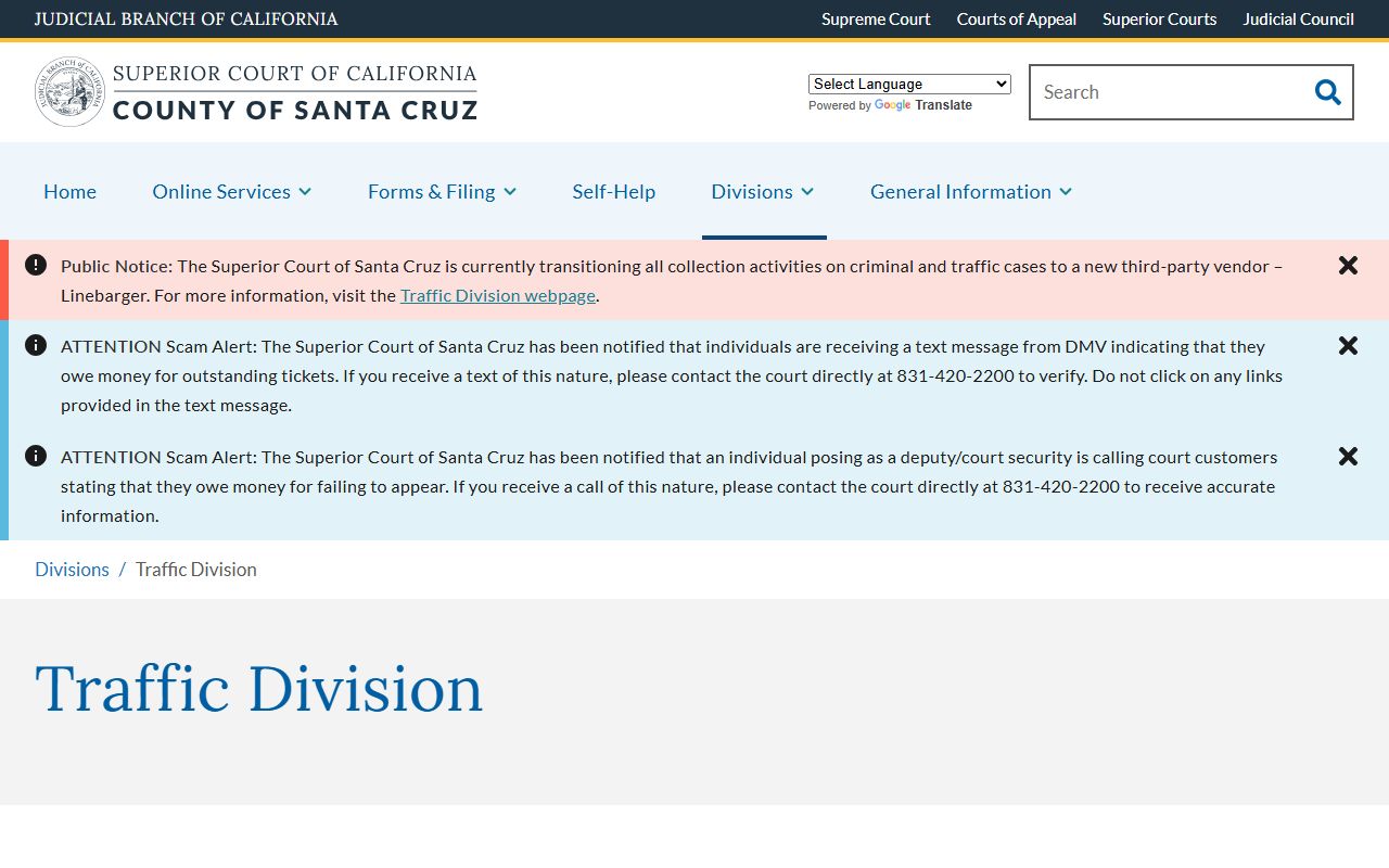 Santa Cruz Superior Court Traffic Division main page