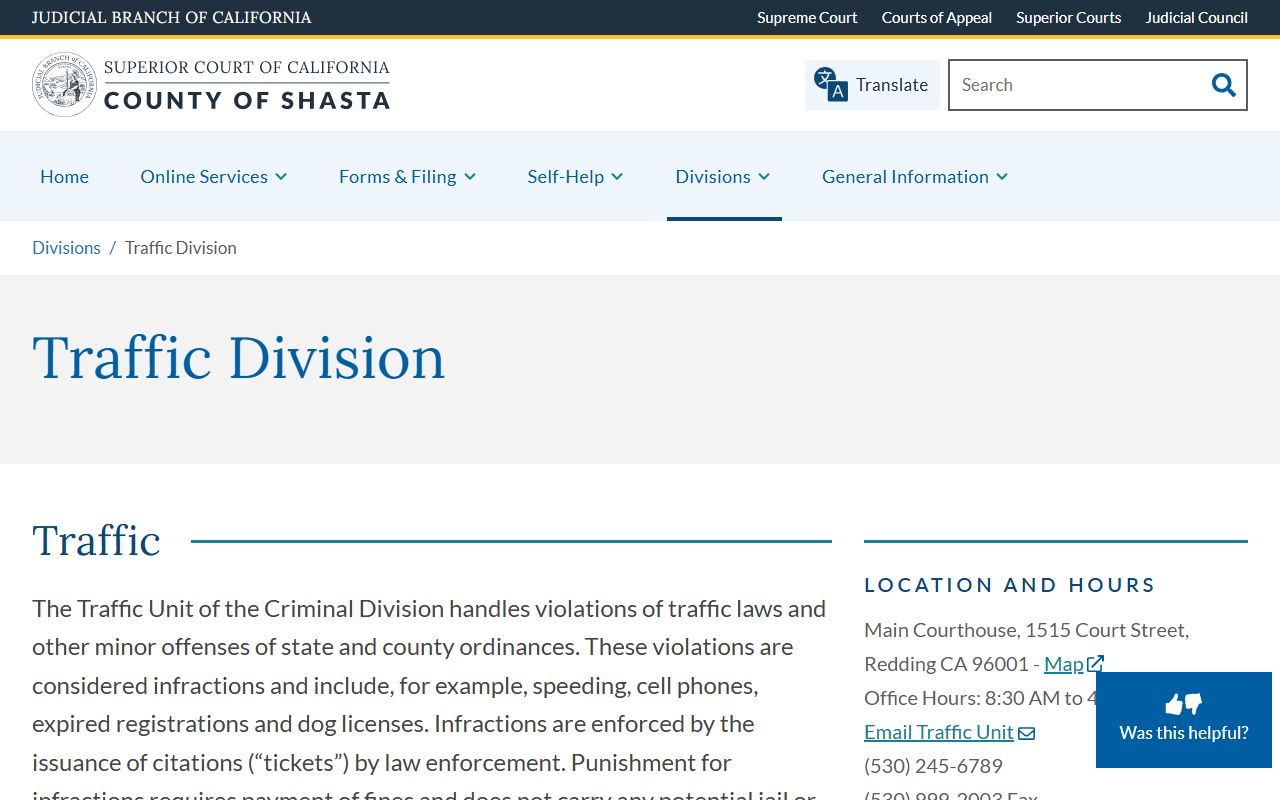 Shasta Superior Court Traffic Division main page