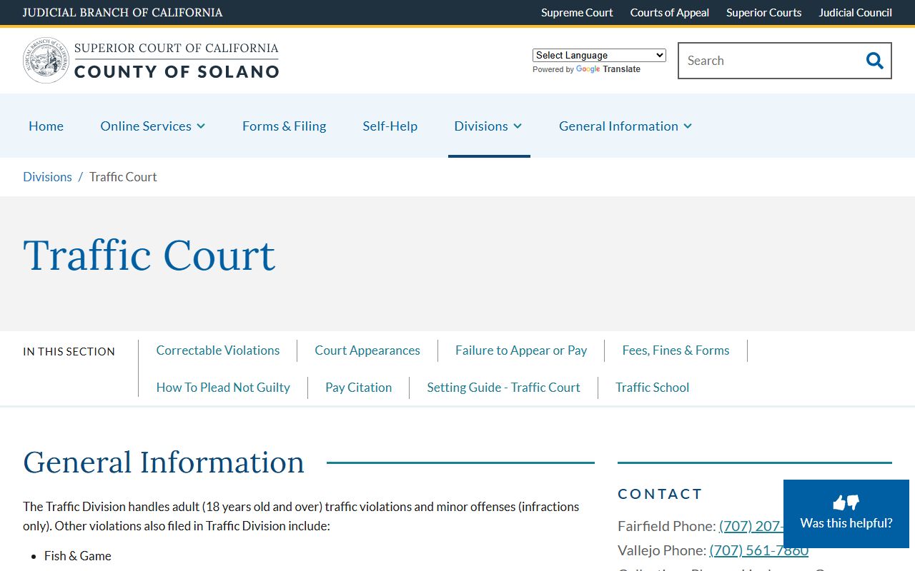 Solano Superior Court Traffic Court main page