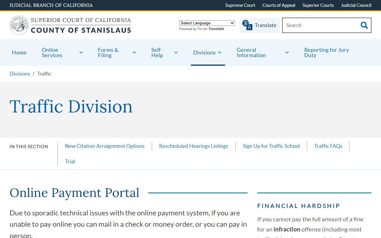 Stanislaus Superior Court Traffic Division main page