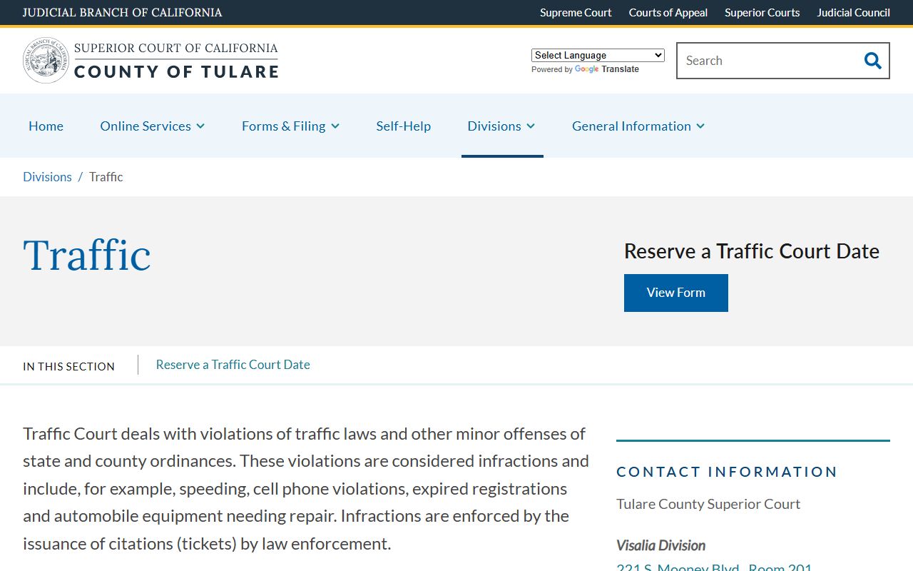 Tulare Superior Court Traffic Division main page