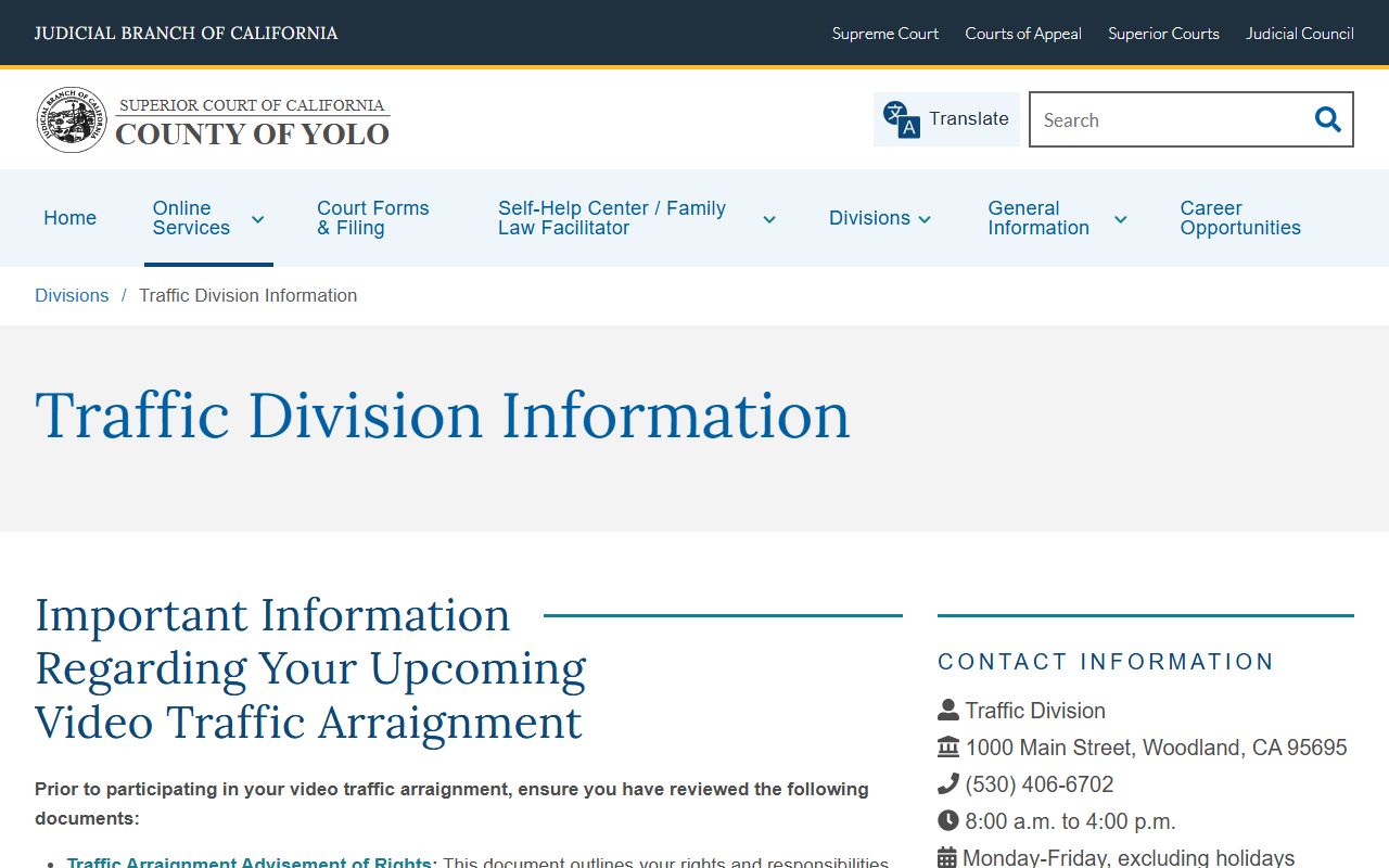 Yolo Superior Court traffic division main page
