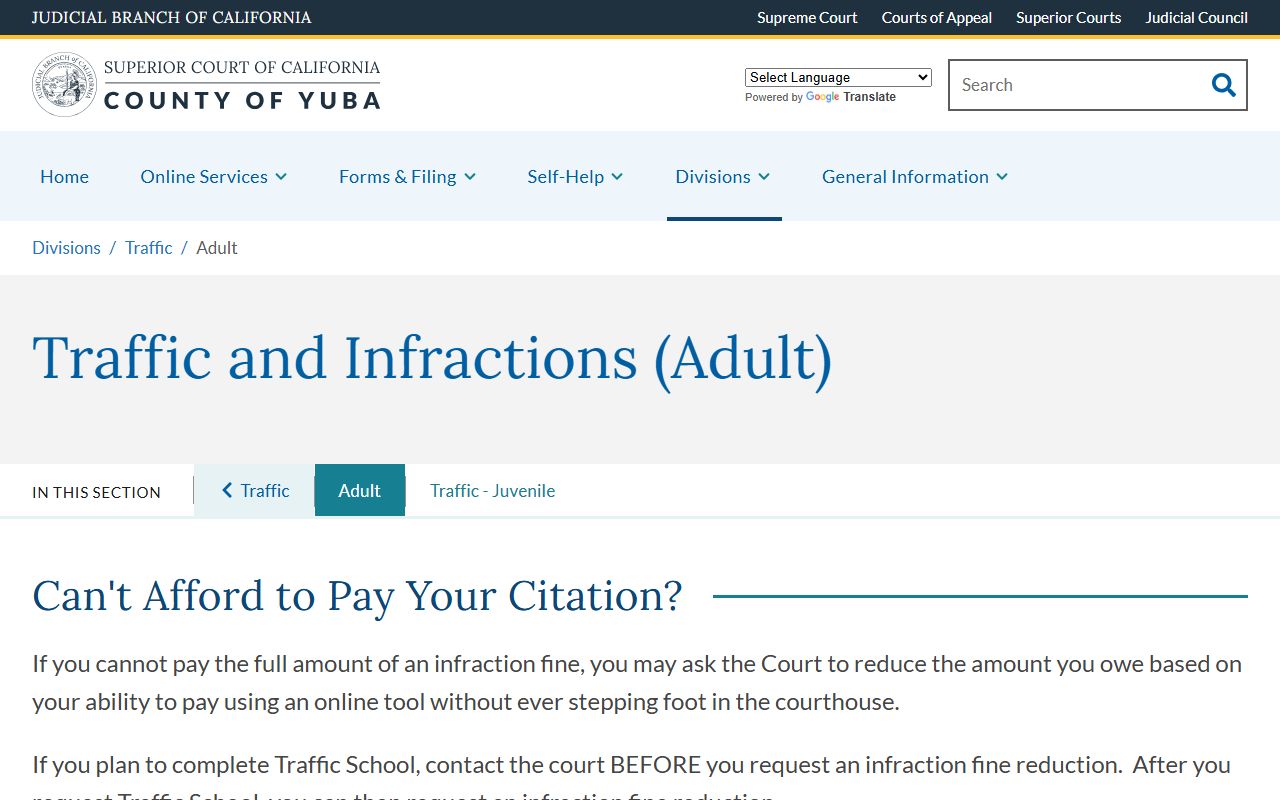 Yuba Superior Court adult traffic and infractions page